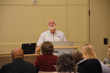 Father Greg Boyle of Homeboy Industries reviewed gang profiles with the audience.