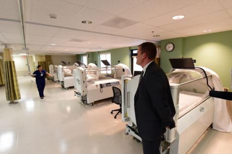 Goleta Valley Cottage Hospital Vice President Arie Dejong looks over a row of hyperbaric oxygen chambers located in the new hospital’s Ridley-Tree Center for Wound Management. (GVCH photo)