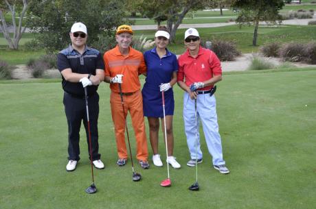 John Aquino (from left), Phil Cohen, Shery Shemirani and Victor Law posed for a colorful portrait at the event's midpoint. Shemirani carded the womens' low score with a 92. HASC photo 