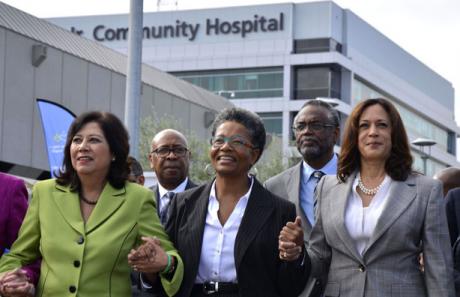 Hundreds of stakeholders attended Aug. 7’s dedication ceremony at Martin Luther King Jr. Community Hospital, including (from left) L.A. County Supervisor  Hilda Solis, Aris Ridley-Thomas (wife of Supervisor Mark Ridley-Thomas) and California Attorney General Kamala Harris.  (HASC photo)
