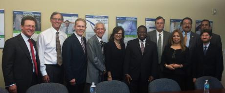 Left to right: Mark Gamble (HASC), Jim Barber (HASC), John Edwards (CEO, Pacific Alliance Medical Center), Philip Cohen (EVP, Monterey Park Hospital), Deborah Kallick (VP, Cedars Sinai Medical Center Government/Industry Relations), Assemblymember Sebastian Ridley-Thomas, Jim West (CEO, PIH Health), Rachelle Wenger (Director of Public Policy and Advocacy, Dignity Health), Martin Gallegos (HASC), Michael Tou (Regional Director, Government Relations), and Jaime Garcia (HASC).